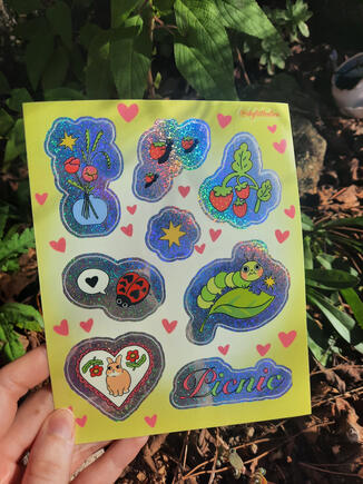 Planche de stickers sur le thème du picnic/ Prix (sans les frais de ports): 10€/ Finition: Brillant/ Effet: Pixie Dust/ Dimension: 13x16,3cm