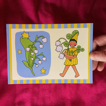 Carte postale petit elfe avec son muguet/ Prix (sans les frais de ports): 2.50€/ Papier: 330 g/m² mat/ Impression: couleur recto verso/ Format: 12 x 17cm